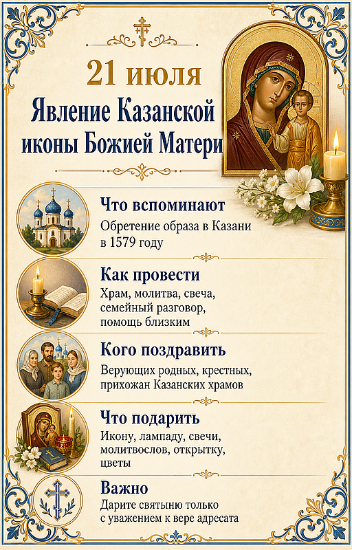 Инфографика: 21 июля - Явление Казанской иконы Божией Матери