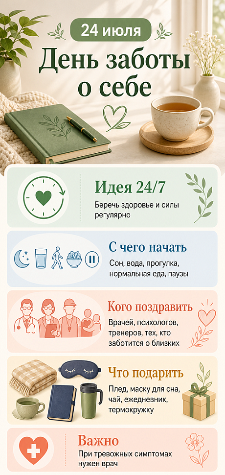 Инфографика: 24 июля - Международный день заботы о себе