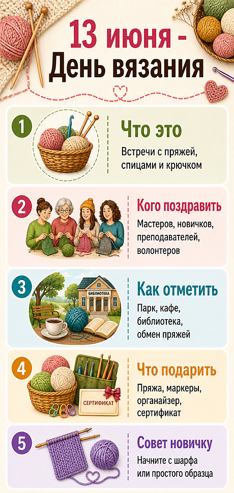 Инфографика: 13 июня - Всемирный день вязания в общественных местах