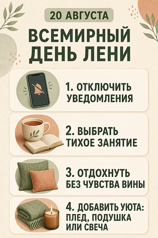 Инфографика: 20 августа - Всемирный день лени