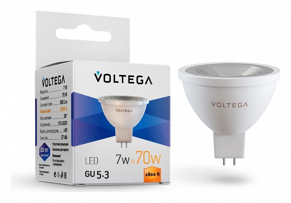 Фото Лампа светодиодная Voltega Софит (Sofit) GU5.3 линзованный (Lens) GU5.3 7Вт 2800K 7062 VLG_7062 - интернет-магазин МегаТерем в Москве