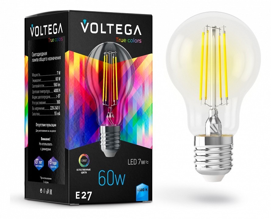 Фото Лампа светодиодная Voltega груша (General purpose bulb) 7Вт E27 CRI97 E27 7Вт 4000K 7155 VLG_7155 - интернет-магазин МегаТерем в Москве