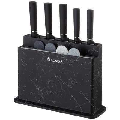 Набор agness из 10пр: 5 ножей, 4 доски и подставка, цвет: черный мрамор (671-203) 
