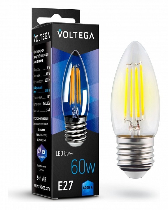 Фото Лампа светодиодная Voltega свеча (Candle) E27 6Вт E27 6Вт 4000K 7029 VLG_7029 - интернет-магазин МегаТерем в Москве