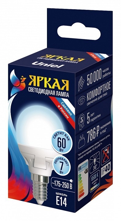 Фото Лампа светодиодная Uniel яркая E14 7Вт 6500K UL-00011018 UL_UL-00011018 - интернет-магазин МегаТерем в Москве