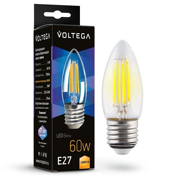 Фото Лампа светодиодная Voltega свеча матовая (Candle matt) 6Вт E27 6Вт 3000K 7208 VLG_7208 - интернет-магазин МегаТерем в Москве