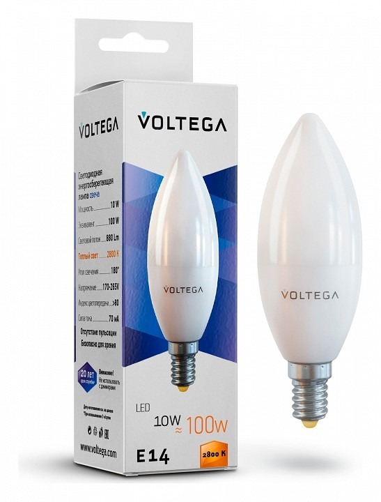 Фото Лампа светодиодная Voltega свеча (Candle) 10Вт E14 10Вт 2800K 7064 VLG_7064 - интернет-магазин МегаТерем в Москве